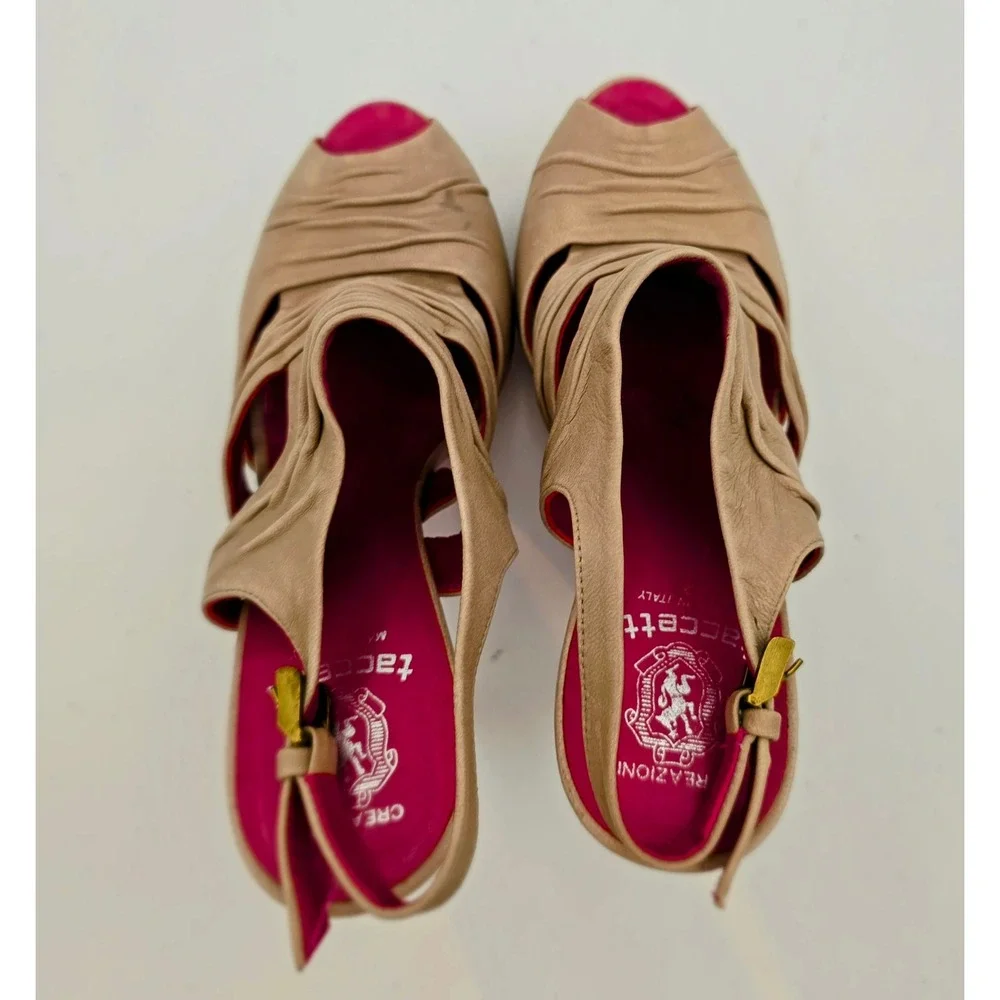 Creazioni Taccetti Beige Ruched Leather Peep‎ Toe Slingback Heels 38/7.5 Italian